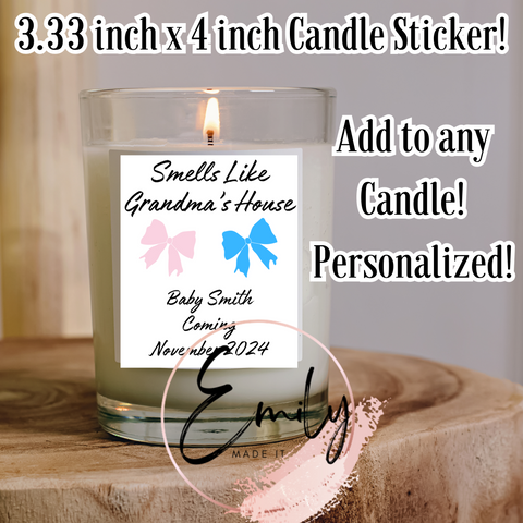 Custom Candle label-Smells like grandma Pregnancy announcement- 3.33x4inch Sticker Label