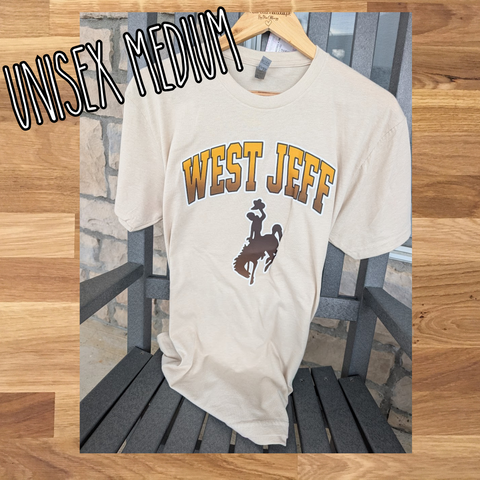Size Medium, Unisex, Short Sleeve, Heather Tan West Jeff RR ombre