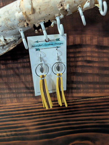 Handmade football tassel earrings with yellow and brown suede for West Jefferson Roughriders fans