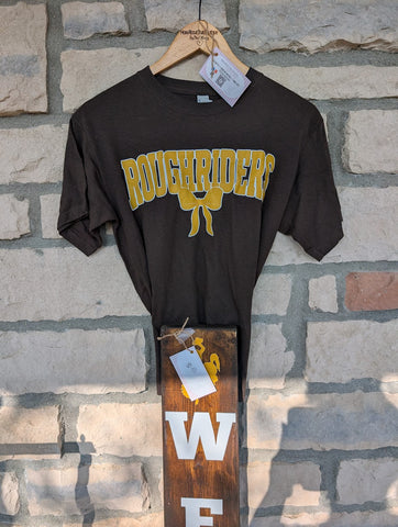 Size Youth large, Short Sleeve, Brown Gold Roughrider bow underneath Larger decal
