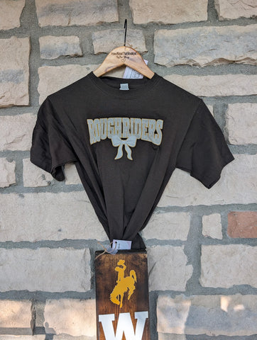 Size Youth xlarge, Short Sleeve, Brown Gold Roughrider bow underneath Smaller decal