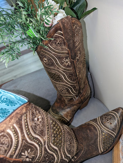 Brown leather cowgirl fashion Corral Boots with antique bronze studs- Size 9 in womens