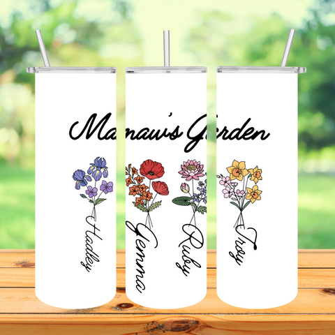 20 ounce insulated tumbler customized with birth flowers and names! This stunning piece is not just a cup, it carries the essence of birth flowers, personalized cups, personalized gifts, wild flowers, and whimsical garden vibes all in one.