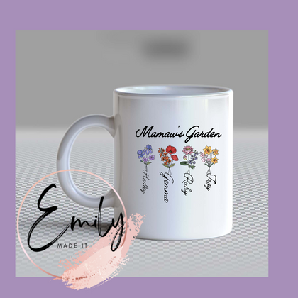 A custom ceramic mug with each child's name delicately placed beneath their corresponding birth flower. Celebrate family, motherhood, and the bonds that make life extraordinary. This can also be customized to any nickname you may have for mom, grandma, or auntie. 