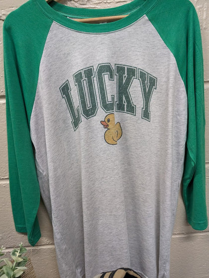 Size Large, Unisex, Green Sleeve Raglan- Lucky Duck
